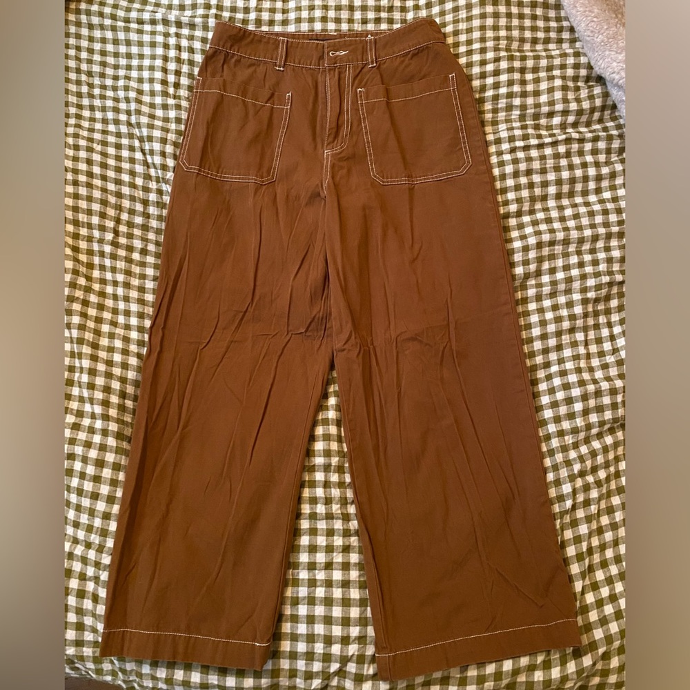 Burnt orange pants! Super flattering and come up to my mid calf (I am 5’9”)